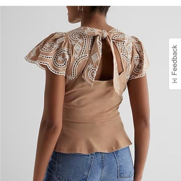 Tan Peplum Wrap Blouse with Cap Sleeves - Picture 3 of 9